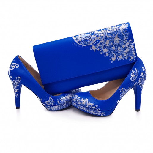 Pantofi piele pictati manual Blue Flower C109