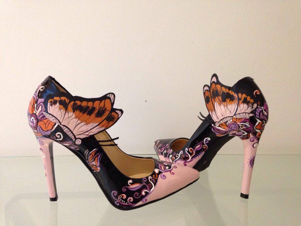 Pantofi piele pictati manual Sara Butterfly C32
