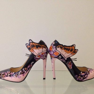 Pantofi piele pictati manual Sara Butterfly C32