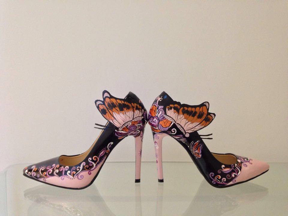 Pantofi piele pictati manual Sara Butterfly C32