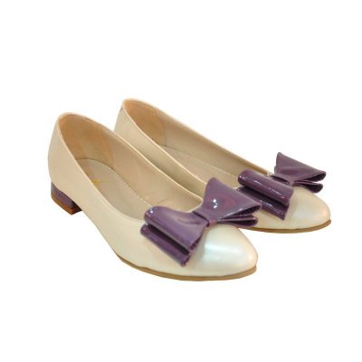 Balerini piele naturala cu funda, bej perlat cu fundite mov