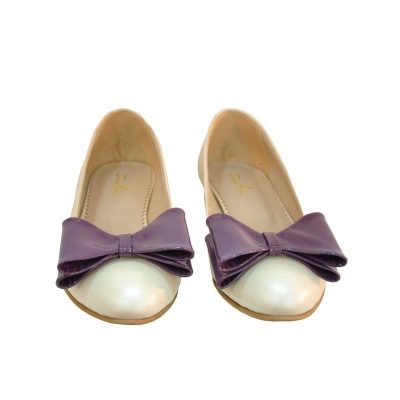 Balerini piele naturala cu funda, bej perlat cu fundite mov