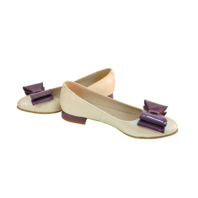 Balerini piele naturala cu funda, bej perlat cu fundite mov