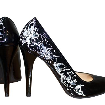 Pantofi pictati manual Stiletto Black Flower