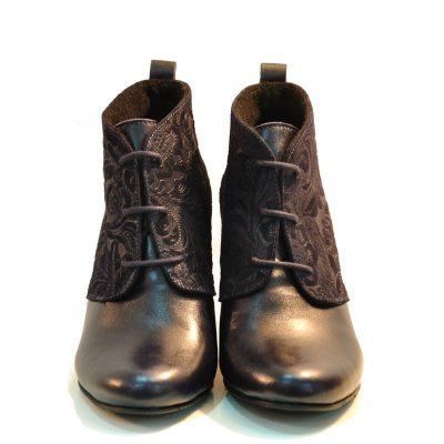 Botine cu siret, piele inflorata bleumarin D3