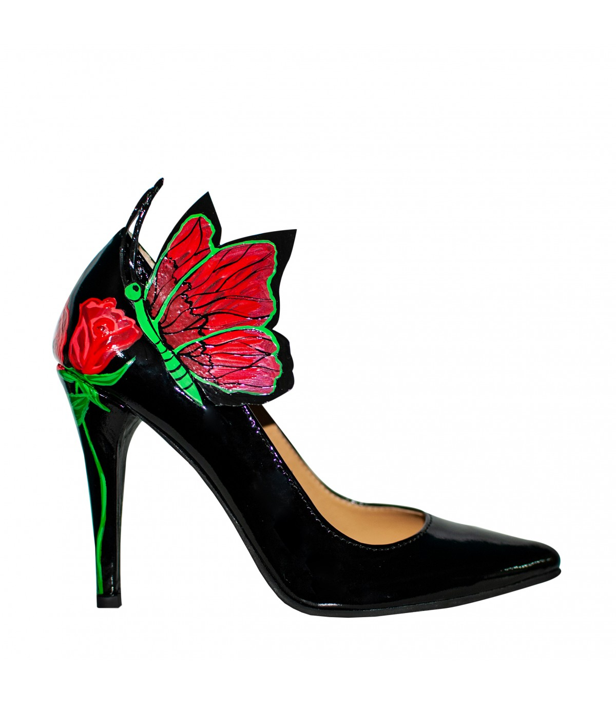 Pantofi piele pictati manual Stiletto Roses