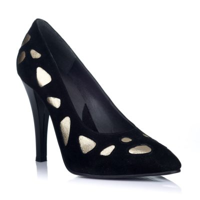 Pantofi piele Stiletto Cuba negri cu auriu V2