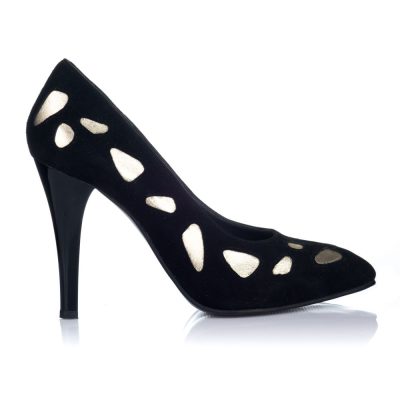 Pantofi piele Stiletto Cuba negri cu auriu V2