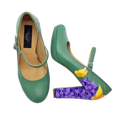 Pantofi verzi pictati manual Liliac N77