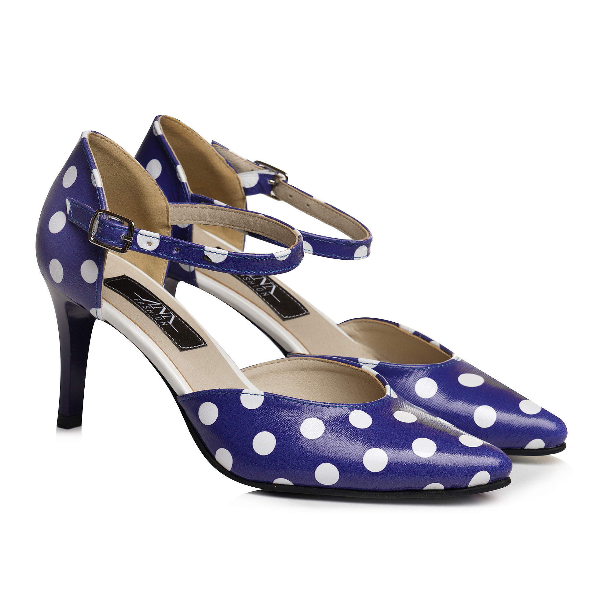 Pantofi Stiletto Polka Dot - Albastru cu Buline Albe V1 - imagine 2