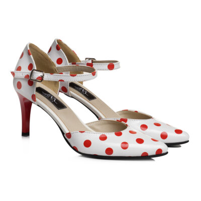Pantofi Stiletto Retro Polka - Alb cu Buline Roșii V21