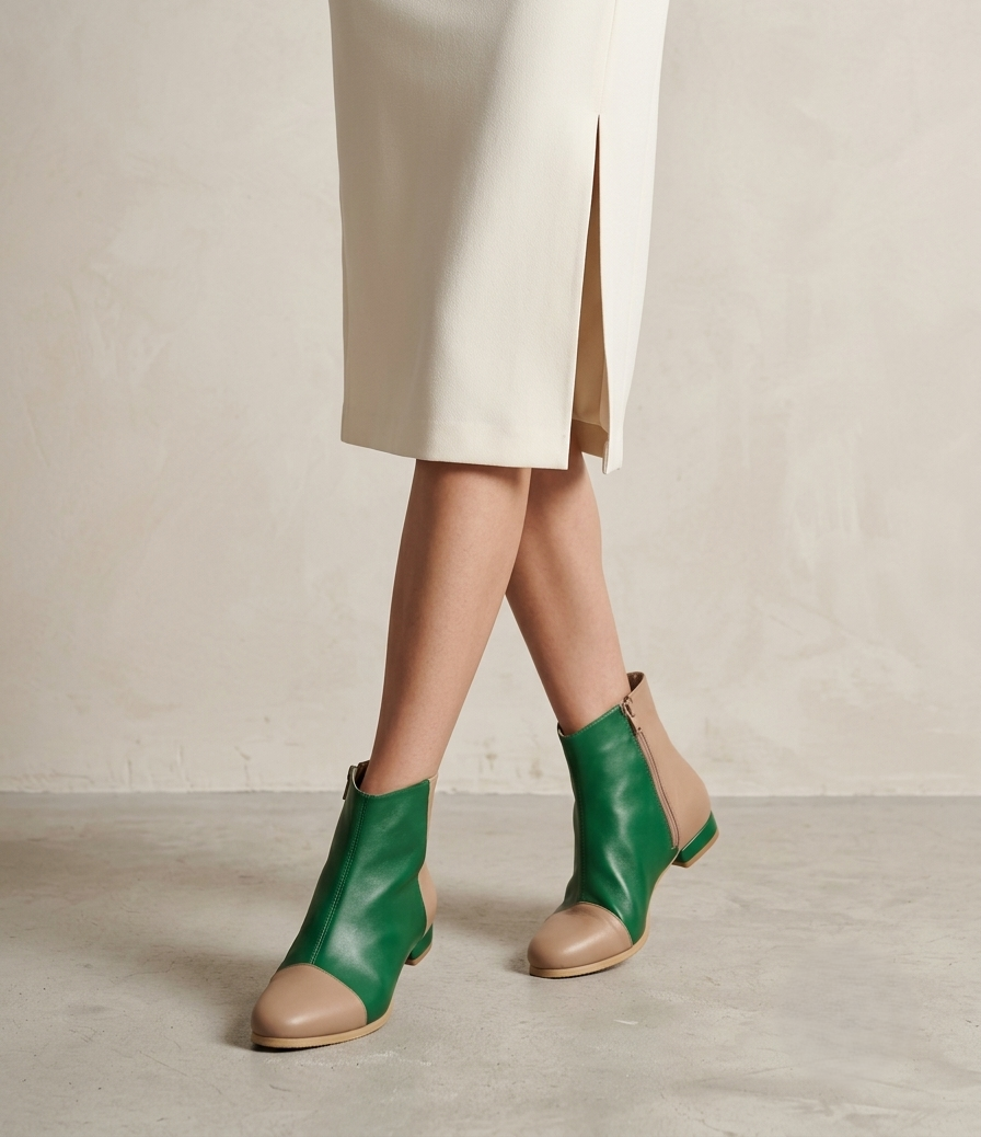 Botine din piele naturala nude si verde - Marimea 36