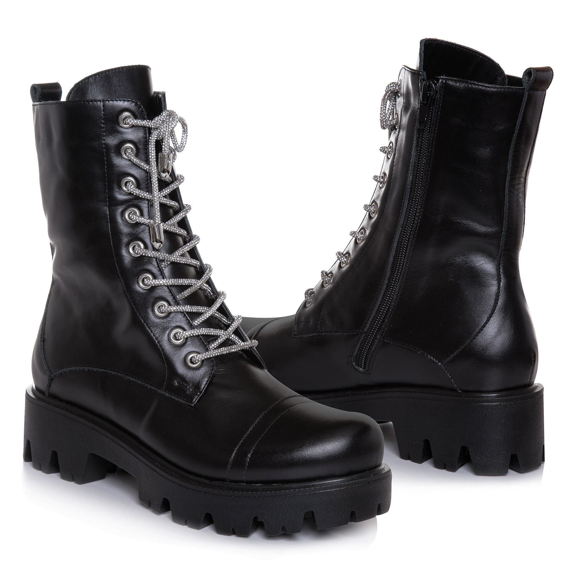 Bocanci Dama din Piele Naturala Negri cu Șireturi Strălucitoare - Glam Black VS1 - imagine 3