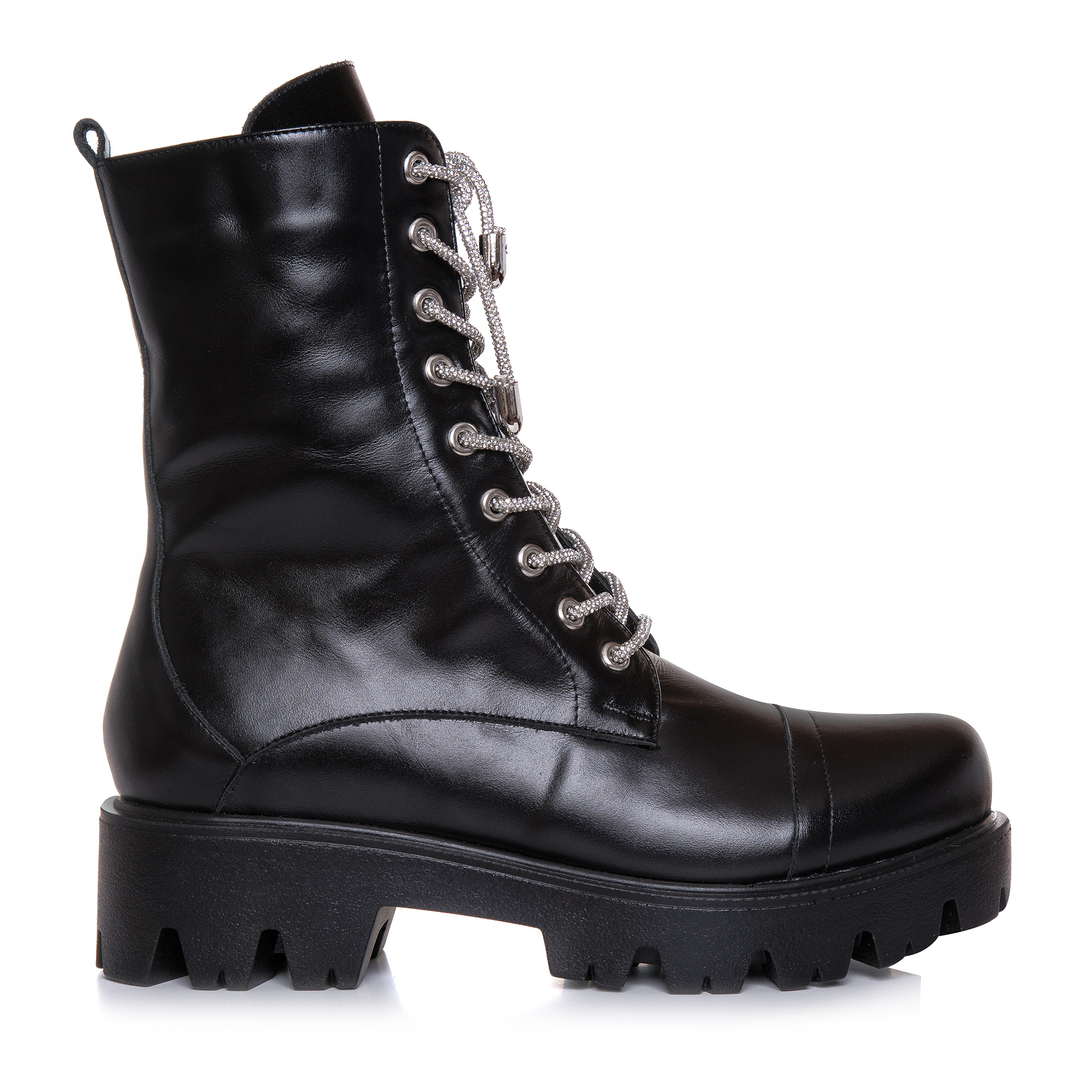 Bocanci Dama din Piele Naturala Negri cu Șireturi Strălucitoare - Glam Black VS1