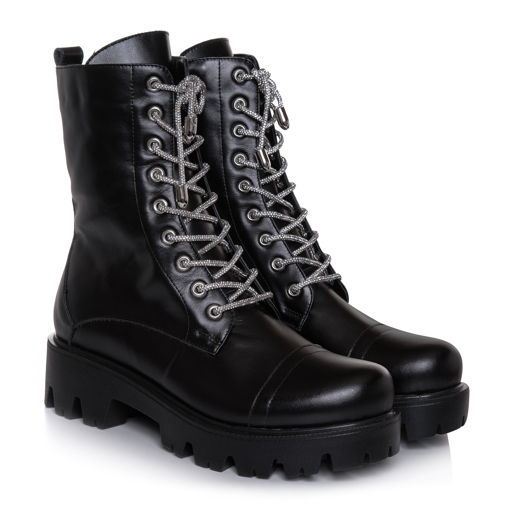 Bocanci Dama din Piele Naturala Negri cu Șireturi Strălucitoare - Glam Black VS1 - imagine 2