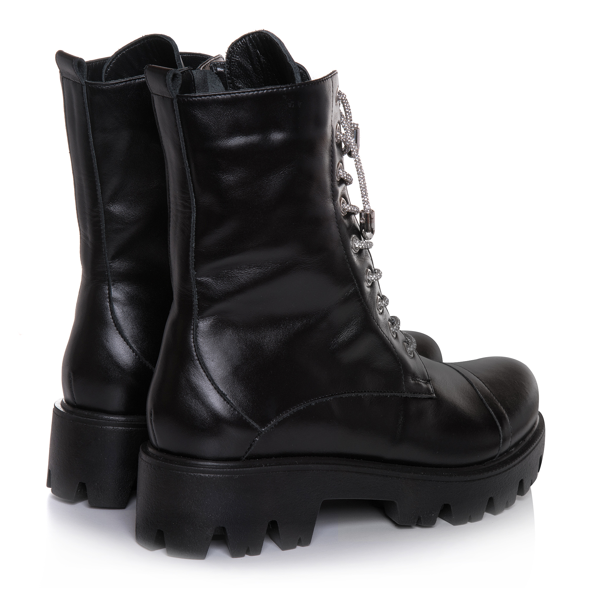 Bocanci Dama din Piele Naturala Negri cu Șireturi Strălucitoare - Glam Black VS1 - imagine 4